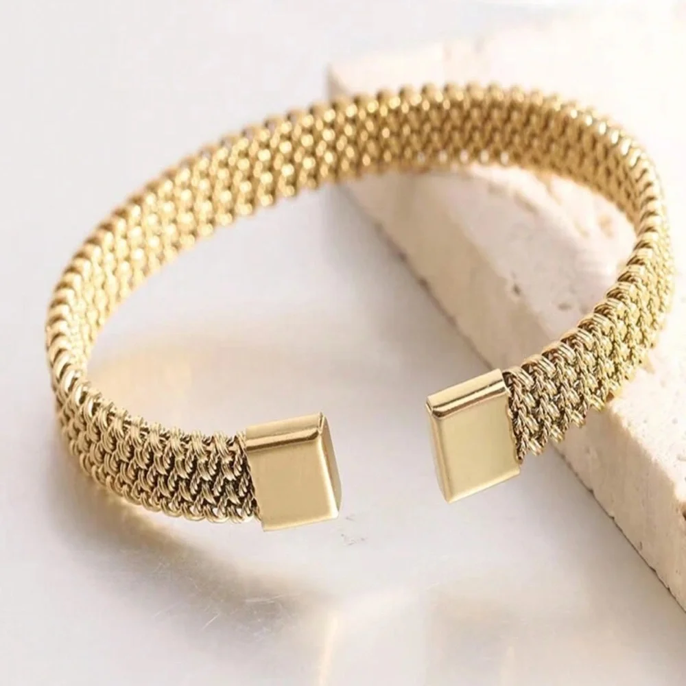 1pc Stainless Steel Gold Tone Spiderweb Design Open Cuff Bracelet For Couple